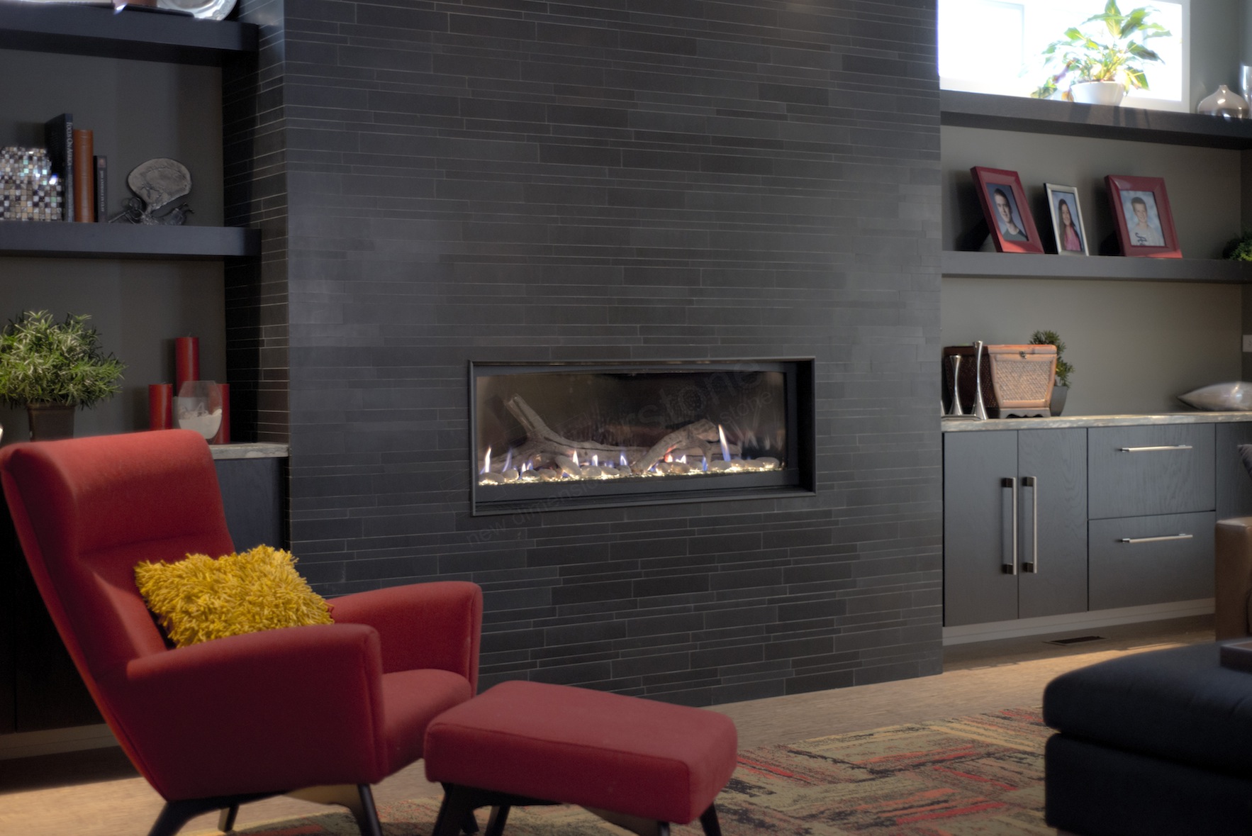 Norstone Lynia IL tiles in Ebony on a modern stone fireplace project in Chicago